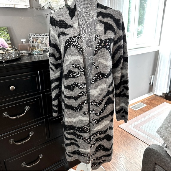Chico’s Sequin Zebra Print Open Front Long Cardigan Sweater Size 1 (M/L) - Picture 2 of 14